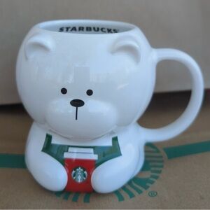 Starbucks 2025 holiday White Bear Mug with Green and Red Accents